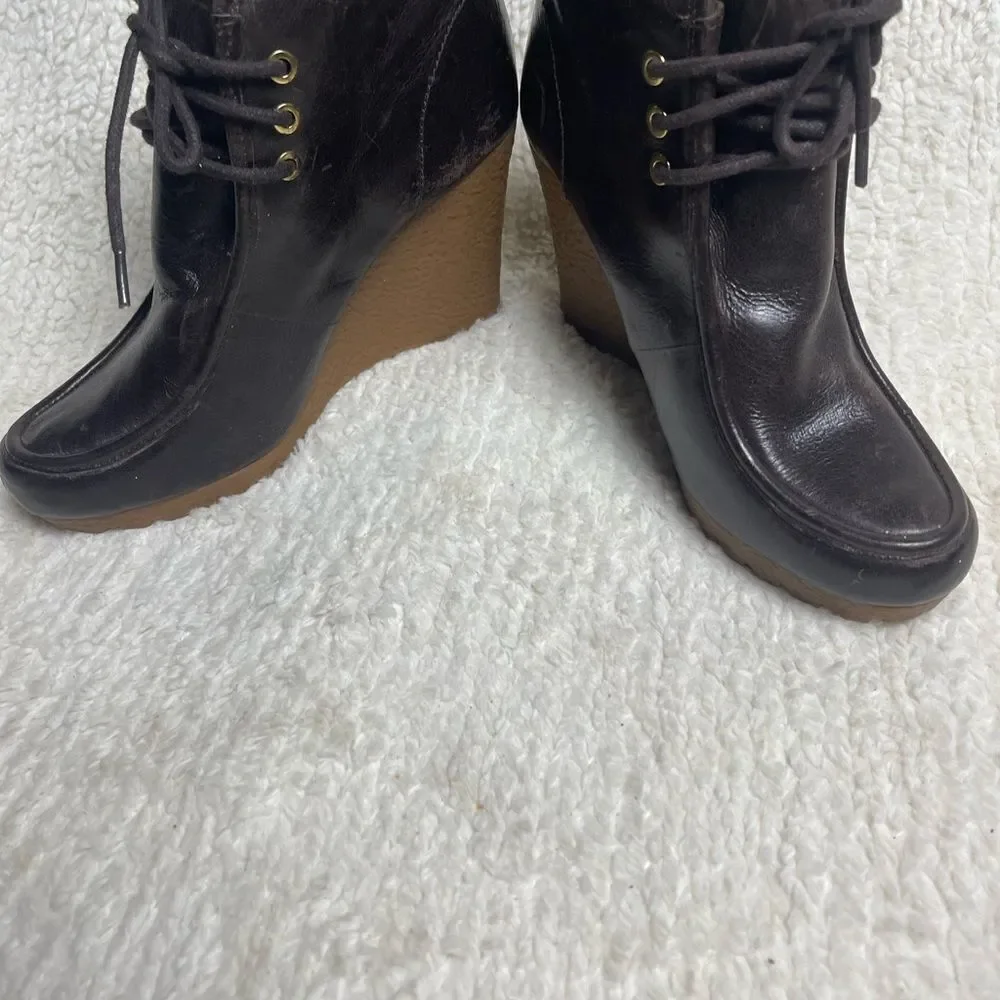 Michael Kors Dark Brown Leather Wedge ankle lace upBoots SZ7M